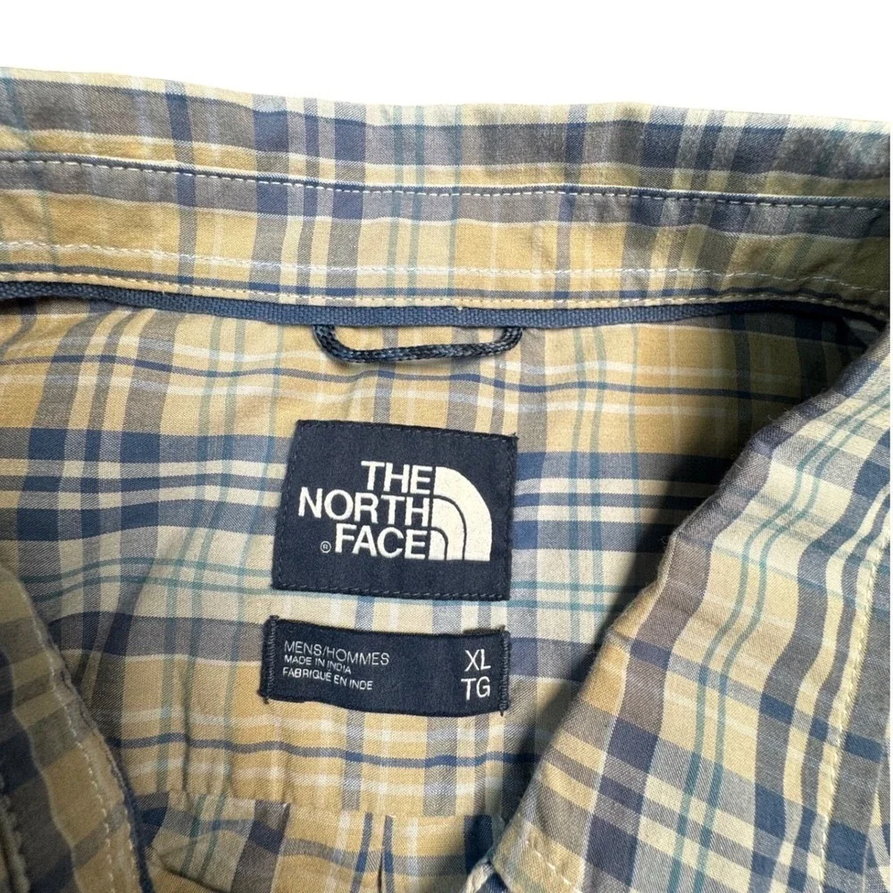 North‎ Face Men's XL Plaid Short Sleeve Button Front Shirt Blue Tan Cotton Blend